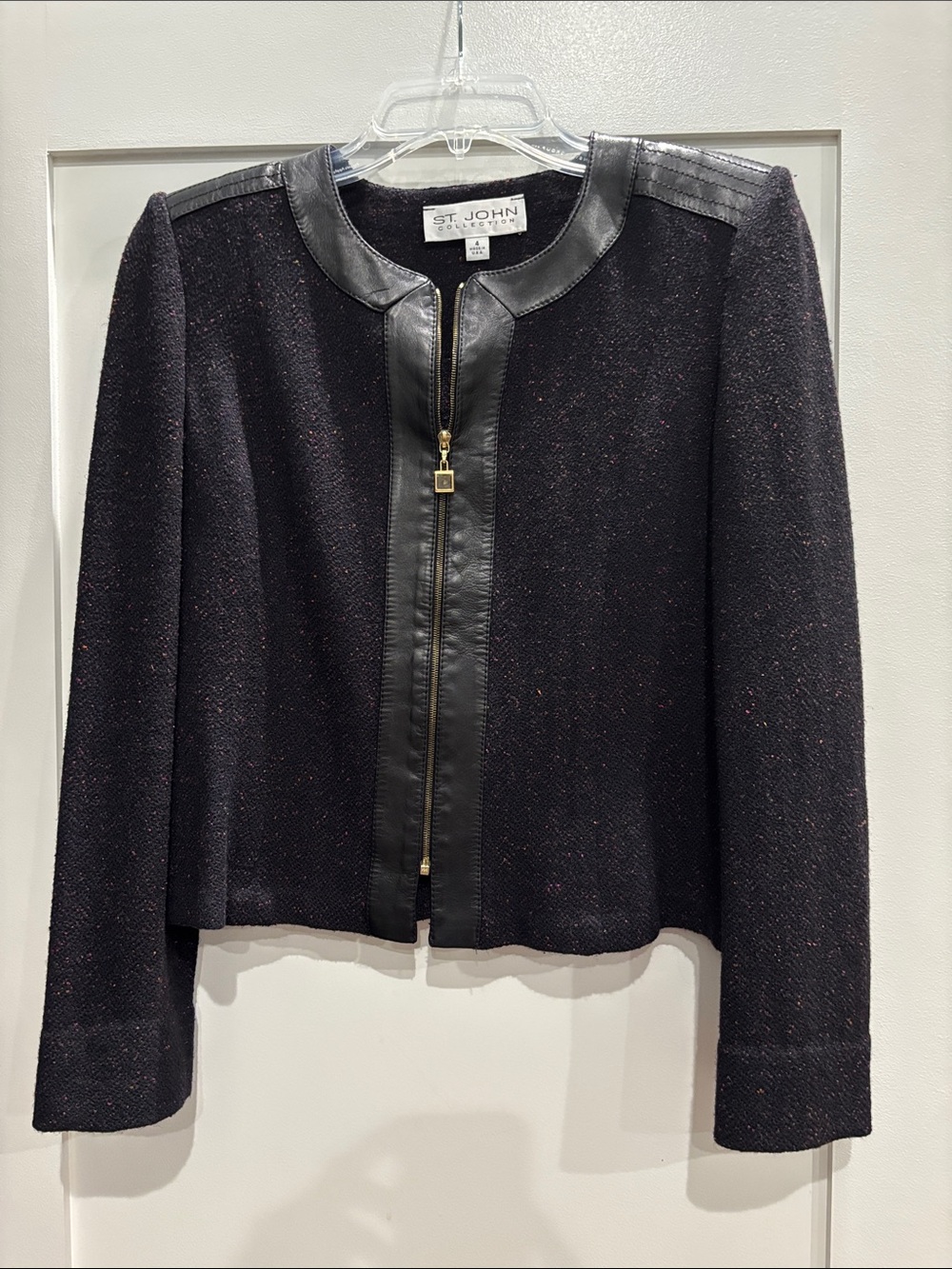 St. John Black Tweed Collarless Jacket with Leather Trim and Gold Zip